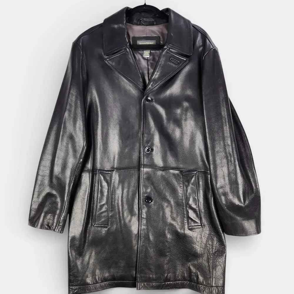 Vintage 90s Banana Republic Leather Coat Mens Large Black Overcoat Korea Fall 99